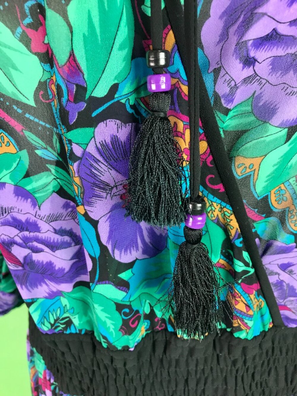 Vintage 80s Diane Freis Bold Dark Floral Pleated Georgette Dress Size Large - Picture 5 of 10
